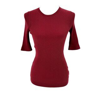 Theory Ribbed Crewneck Knit Top L Burgundy Polyamide Blend